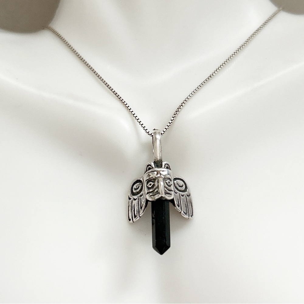 Vintage ICC Native American Sterling Silver Eagle Black Tourmaline Necklace